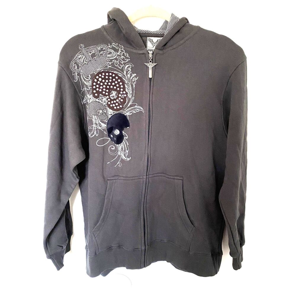 VTG Avirex Y2K Full Zip Hoodie Skulls Crown Stud Applique Skater Style L (16-18)